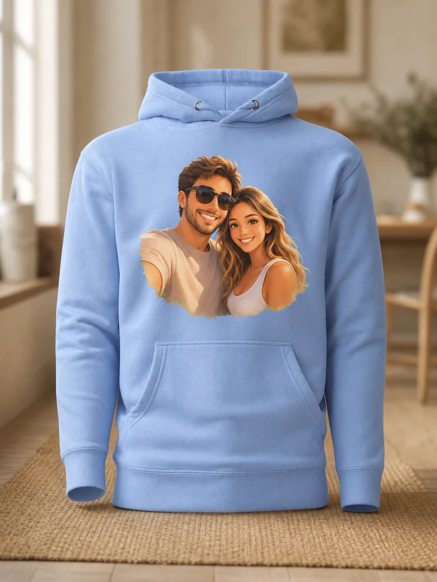 Same couple printed on a personalized ArtifyMe hoodie
