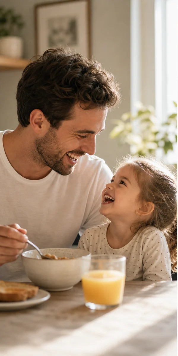 Photo originale d'un père et sa fille au petit déjeuner