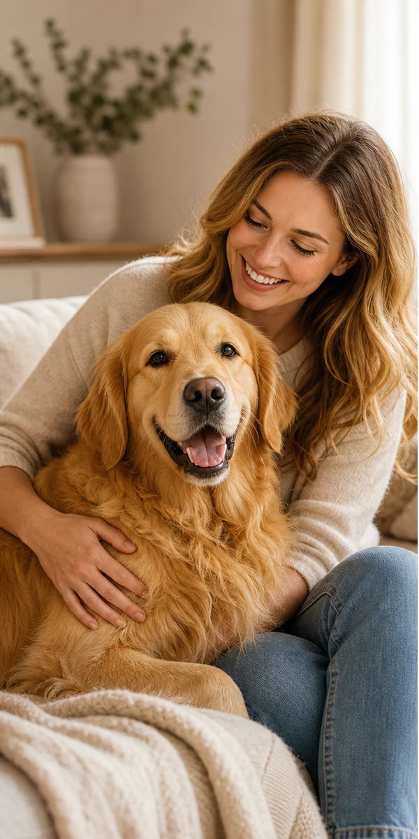 Photo originale d'un golden retriever avec sa propriétaire