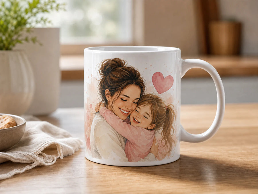 Mug fête des mères avec portrait aquarelle mère fille et cœur