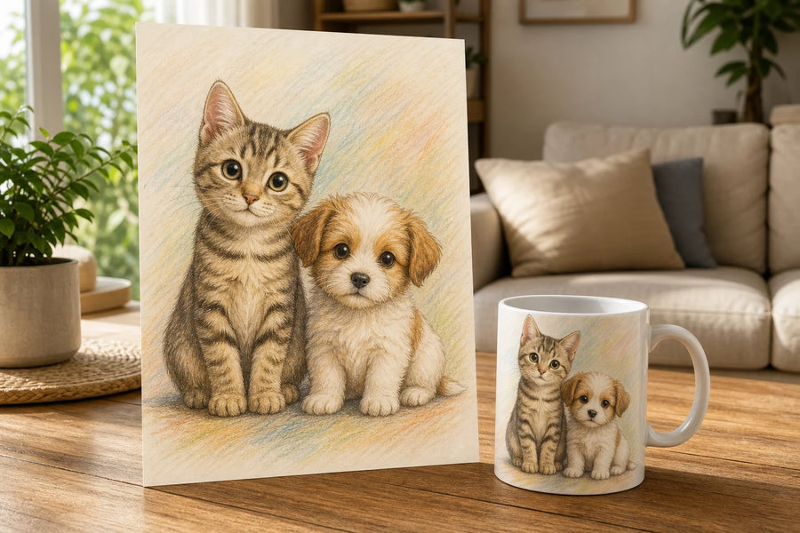 Cadeau personnalisé animal avec mug et poster chat chien cartoon